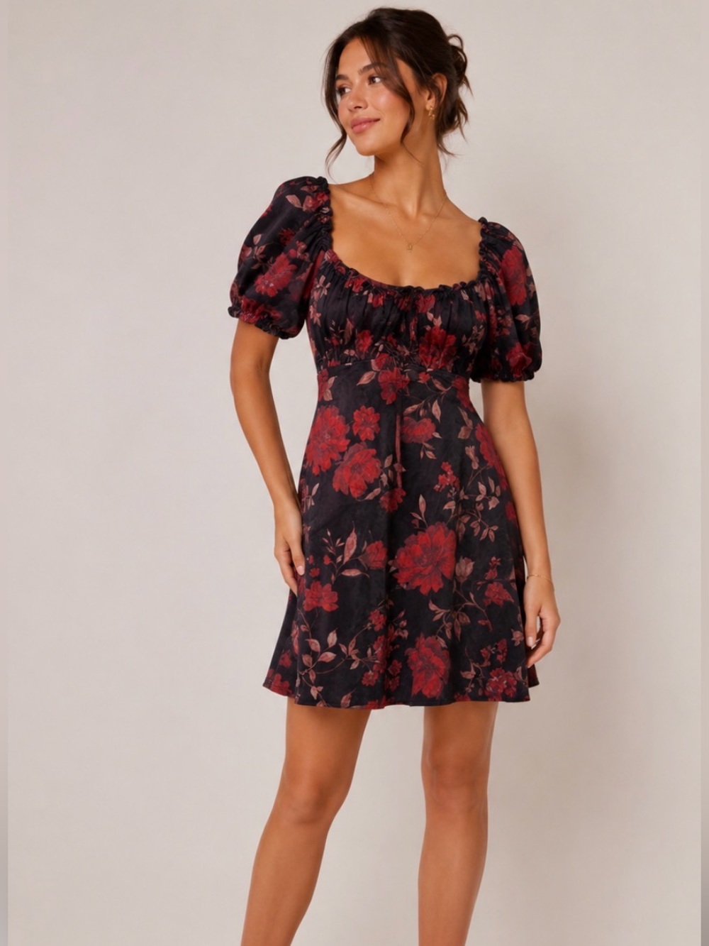 NWT Mi Ami for Francesca’s Black & Red Floral Velvet Puff Sleeve Mini Dress M